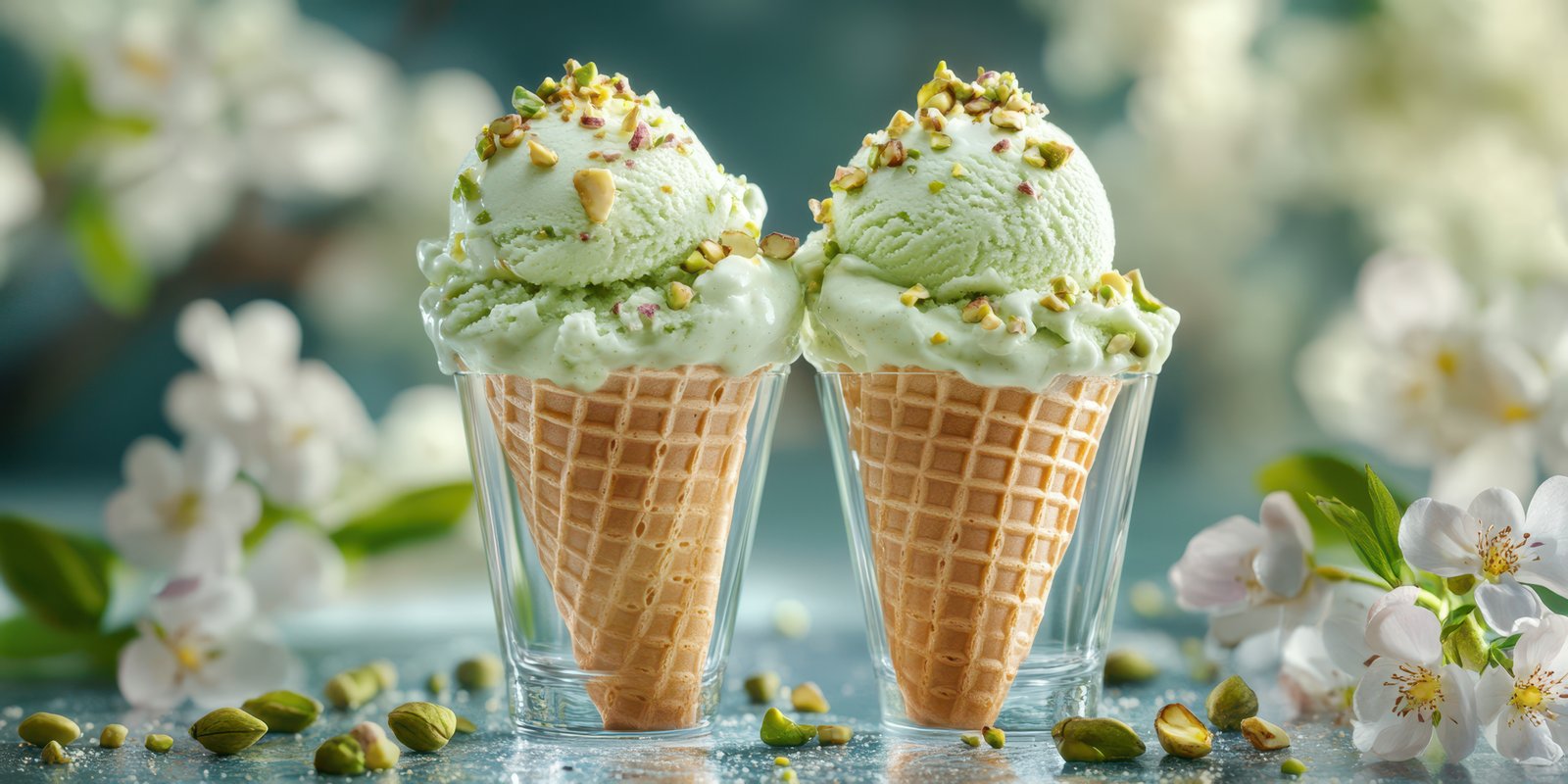 Delicious mint ice cream cones topped with pistachios in a floral setting during spring